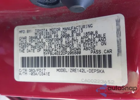 2013 Toyota Corolla S z USA, uszkodzony, nr VIN 5YFBU4EE2DP206800